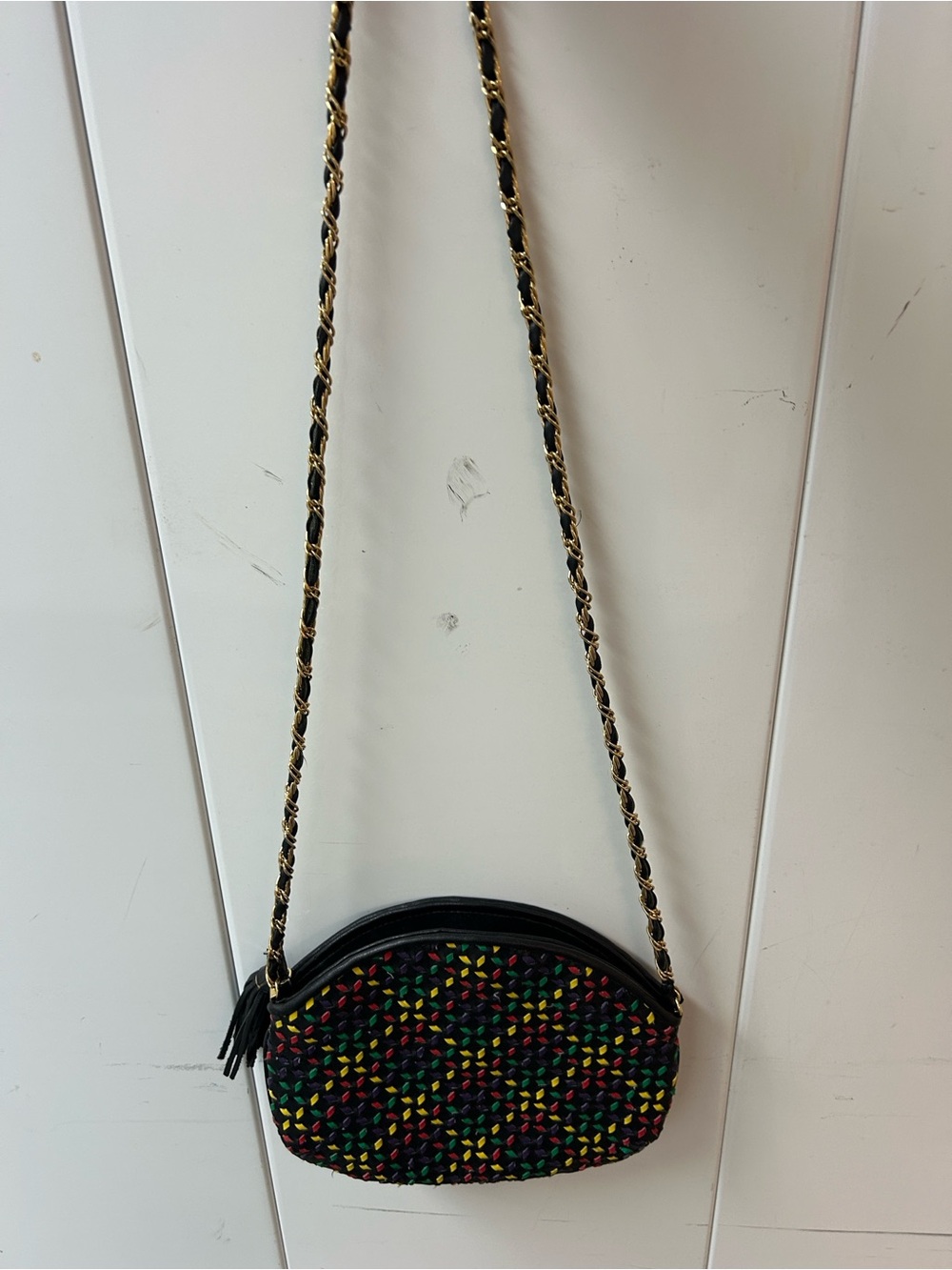VTG Black LEATHER Multicolor Woven Crossbody Bag